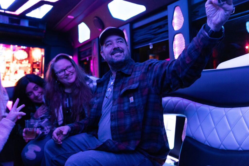 Friends on a party bus taking a selfie